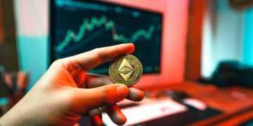 A man's hand holds an etherium coin at a computer table, Markets: Etherium Merge complete, ETH and linked tokens lift market