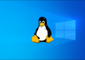 Tux on the Windows 10 default background.