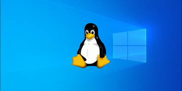 Tux on the Windows 10 default background.