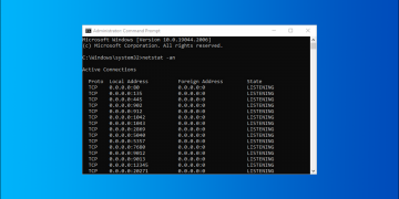 Header image. Command Prompt running "netstat -an" shown on a blue background.