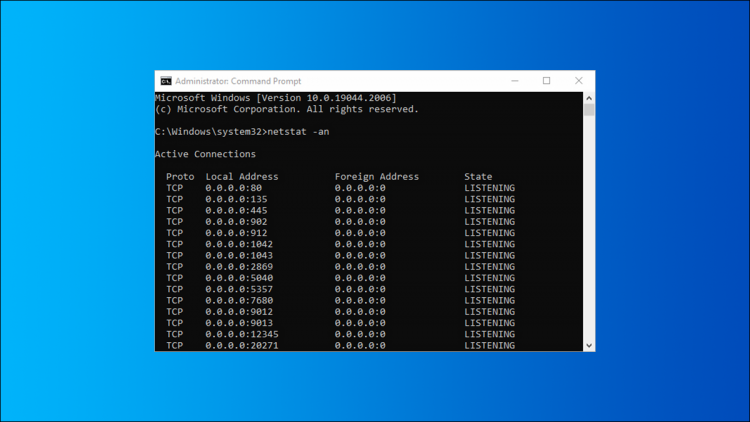 Header image. Command Prompt running "netstat -an" shown on a blue background.