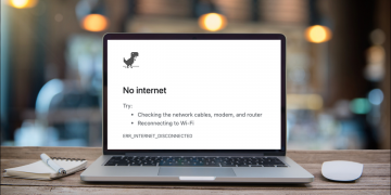 Google's No Internet Dino game running on a laptop computer