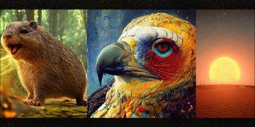 An AI-generated magic gopher, artistic Egyptian vulture, and dramatic moonrise over a desert. Header image.