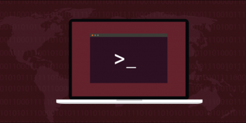 Stylized terminal prompt on a Linux laptop