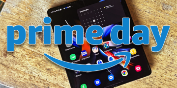 The Prime Day logo over a photo of the Samsung Galaxy Z Fold 4.