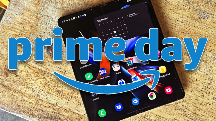 The Prime Day logo over a photo of the Samsung Galaxy Z Fold 4.