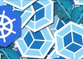 Graphic showing the Kubernetes logo overlaid on colorful hexagonal shapes
