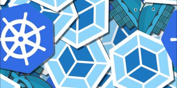 Graphic showing the Kubernetes logo overlaid on colorful hexagonal shapes