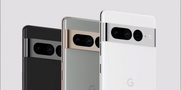 Three Google Pixel 7 phones on a gray background