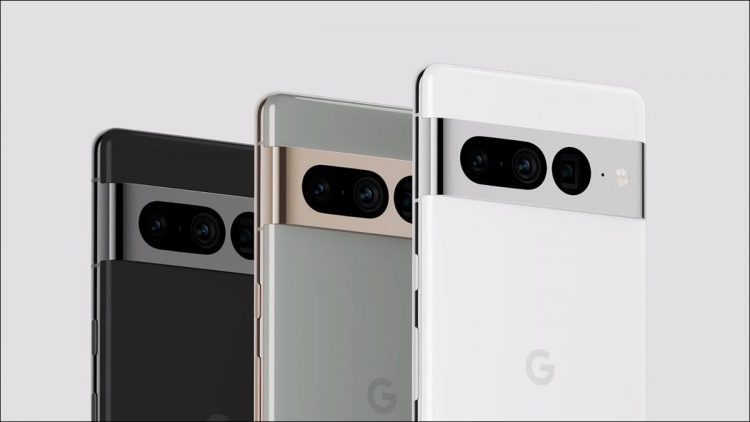 Three Google Pixel 7 phones on a gray background