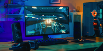 A photo of a gaming monitor next to a PC.
