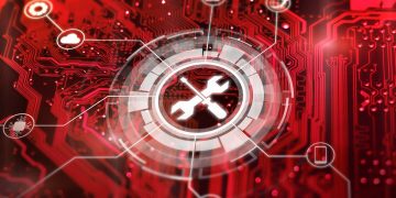 A digital hub marked with crossed wrench and screwdriver branches circuits through a system.