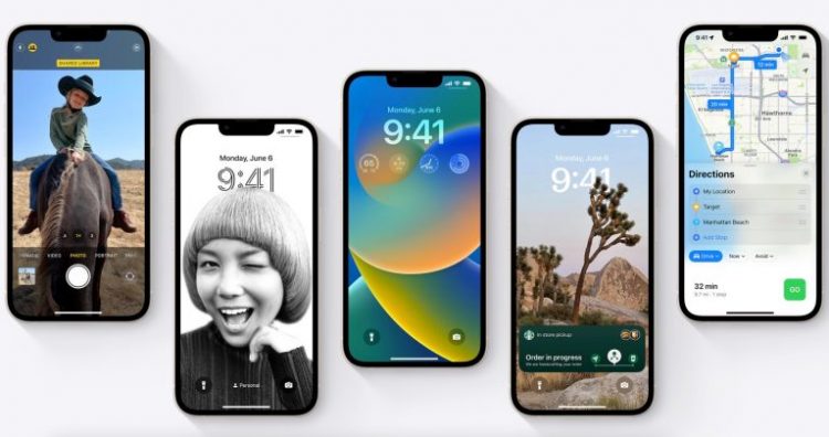 iPhones showing various iOS 16 features.