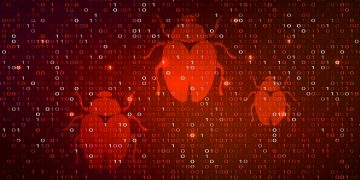 Digital bugs amid binary code. [security threats / malware / breach / hack / attack]