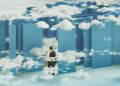 A businessman stands in front of maze strewn with clouds.