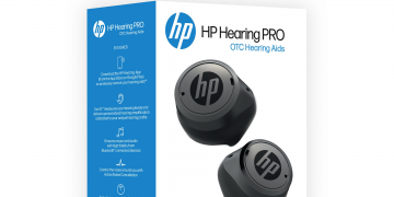 A photo of the HP Hearing PRO Self-Fitting OTC Hearing Aids product packaging. They look more like earbuds than hearing aids.