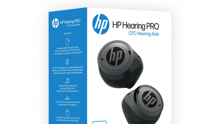 A photo of the HP Hearing PRO Self-Fitting OTC Hearing Aids product packaging. They look more like earbuds than hearing aids.