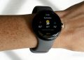 A user checks the weather on their Google Pixel Watch including the UV index.