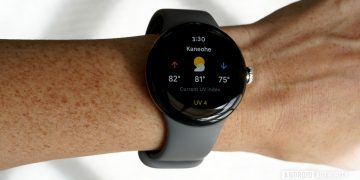 A user checks the weather on their Google Pixel Watch including the UV index.