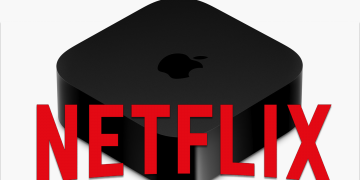 The Netflix logo over an Apple TV 4K.