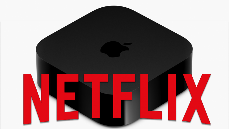 The Netflix logo over an Apple TV 4K.
