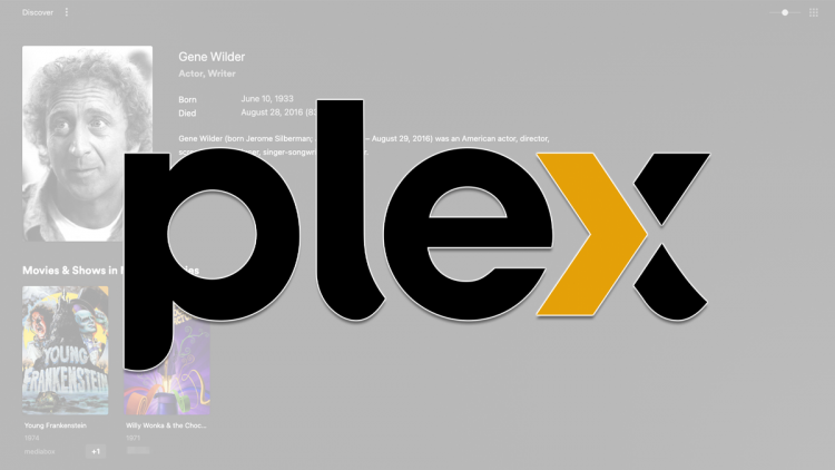 The Plex logo over an image of a library search for Gene Wilder.