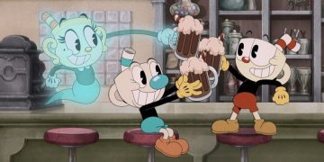 Grey DeLisle-Griffin as Chalice, Frank Todaro as Mugman and Tru Valentino as Cuphead drinking in The Cuphead Show! Season 3