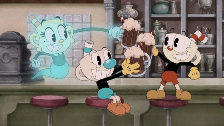 Grey DeLisle-Griffin as Chalice, Frank Todaro as Mugman and Tru Valentino as Cuphead drinking in The Cuphead Show! Season 3